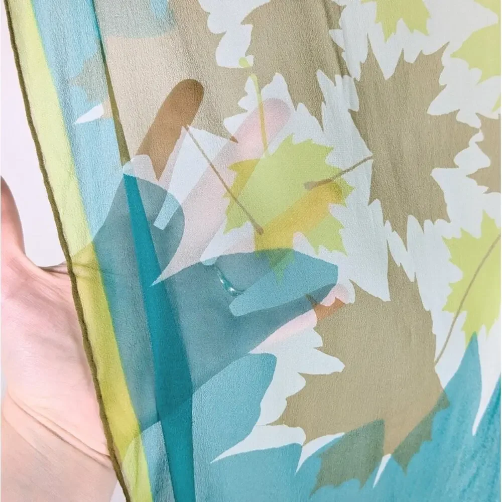 Vintage 70s Vera Neumann Sheer Green Autumn Leaves Silk Blend Rolled Scarf